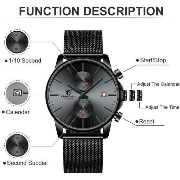 Men Black Fashion Sleek Minimalist Quartz Analog Mesh Stainless Steel Watches - Picture 3 of 7